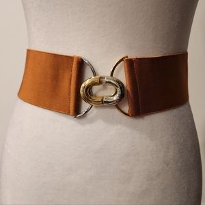 Vintage Tan Elastic Belt with Gold and Silver Buckle